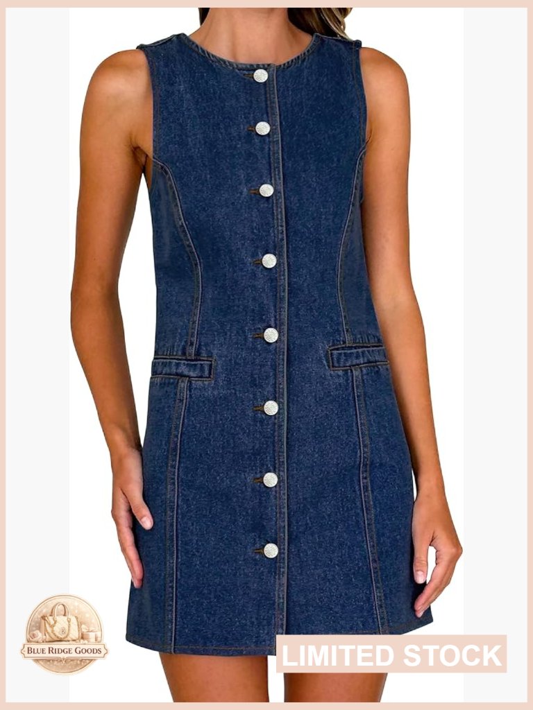 Denim Dress Sleeveless Button Down Mini Tank Casual Chic Summer Western